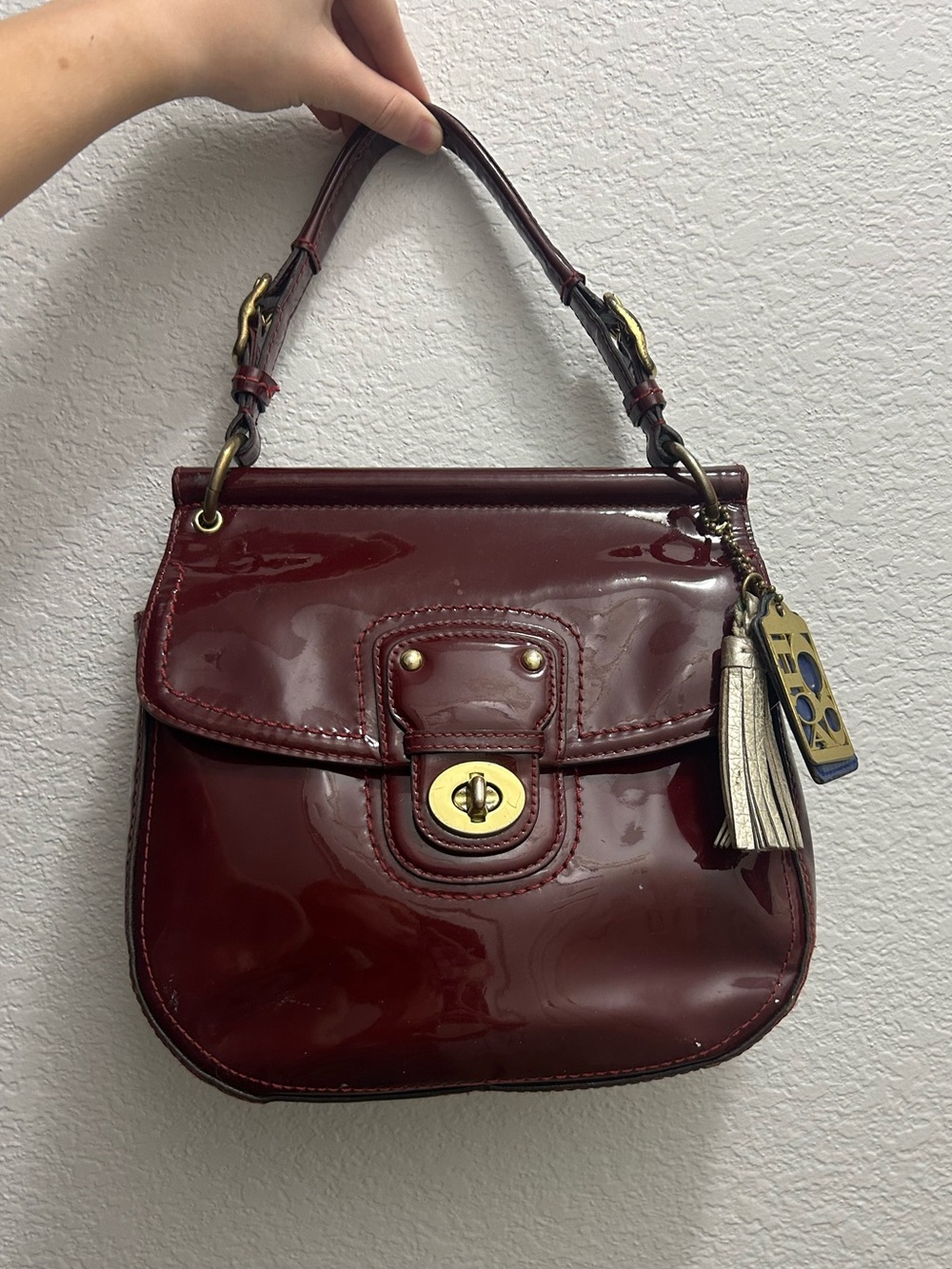 Vintage Coach Burgundy Patent Leather Shoulder Bag with Gold Hardware